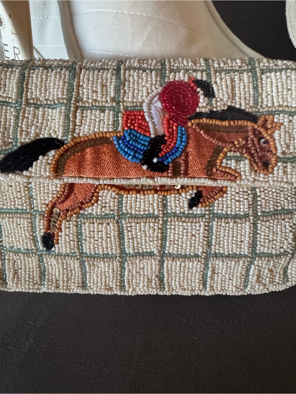 Racing Horse Equestrian, beaded hand bag - Cream and Brown